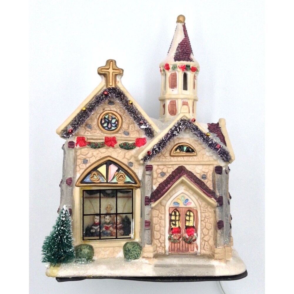 Vtg Christmas Lighted Church House Village Porcelain Holiday Decor Collectible